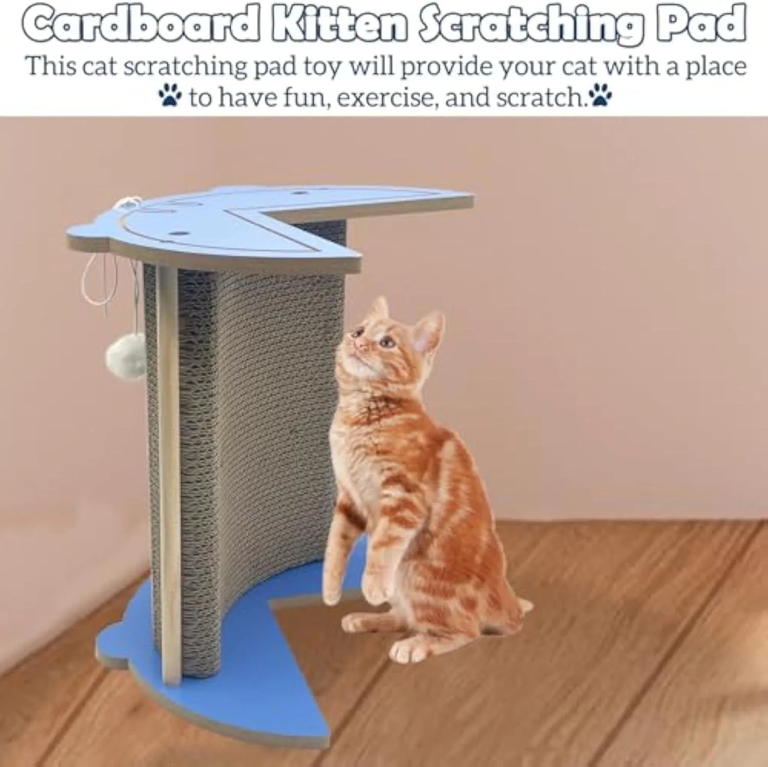 Grey cardboard cat corner scratcher with hanging ball against a wall