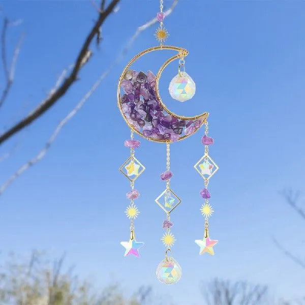 Moon shaped K9 crystal reflective car pendant hanging from rear view mirror available in multiple colours