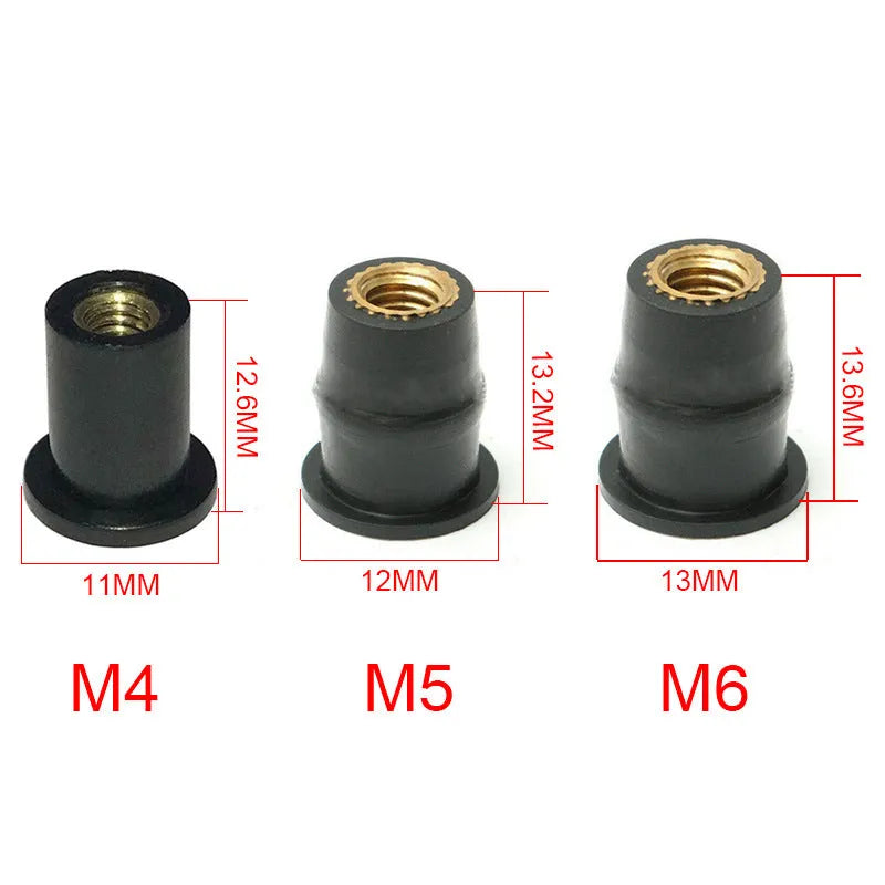 Black rubber and brass well nut riveting fasteners for motorcycle windshields in M4, M5, and M6 sizes