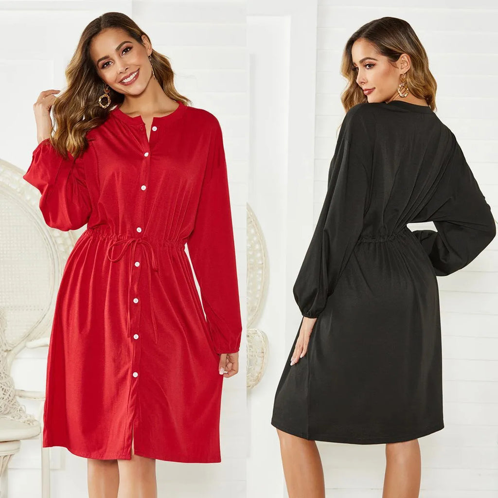 A-line midi dress with elastic waist, long sleeves, and a cinched belt in black and red colour options