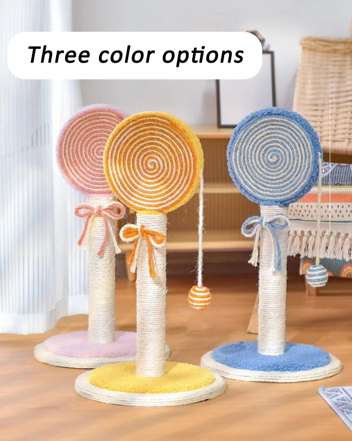 Blue cat scratching post with sisal rope and a hanging ball toy on a stable wooden base.
