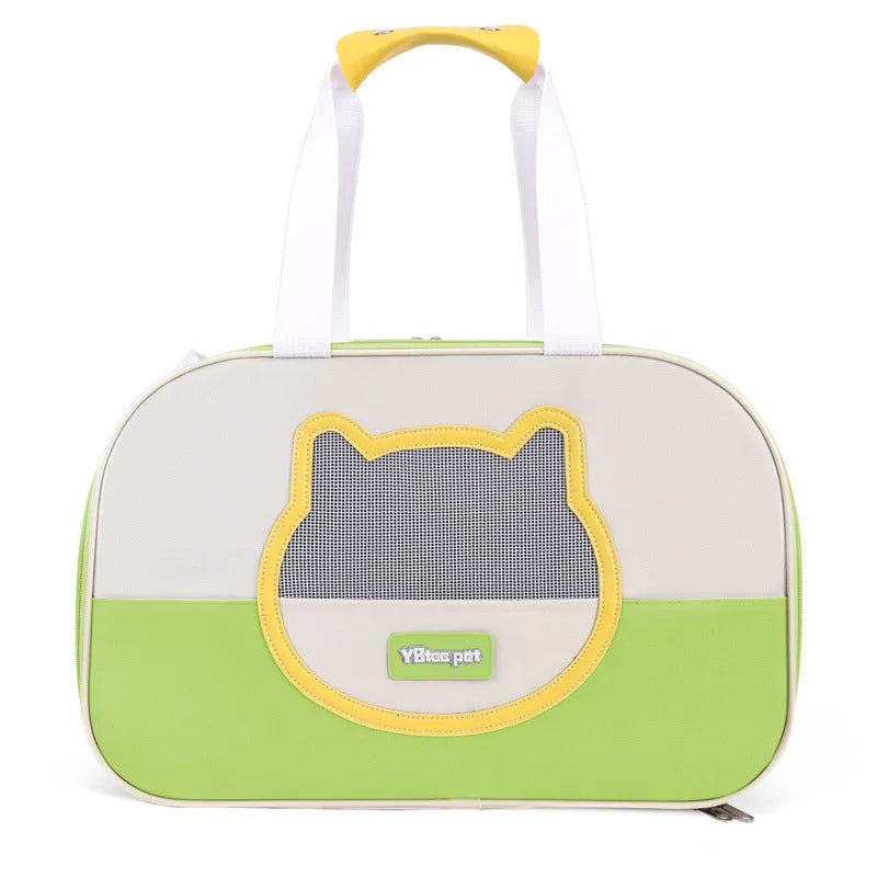 Blue foldable oxford cloth cat carrier backpack shown in outdoor setting