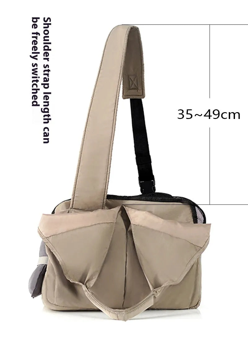 Apricot coloured cloth pet handbag with breathable mesh, shown with dimensions 41cm by 16cm by 28cm