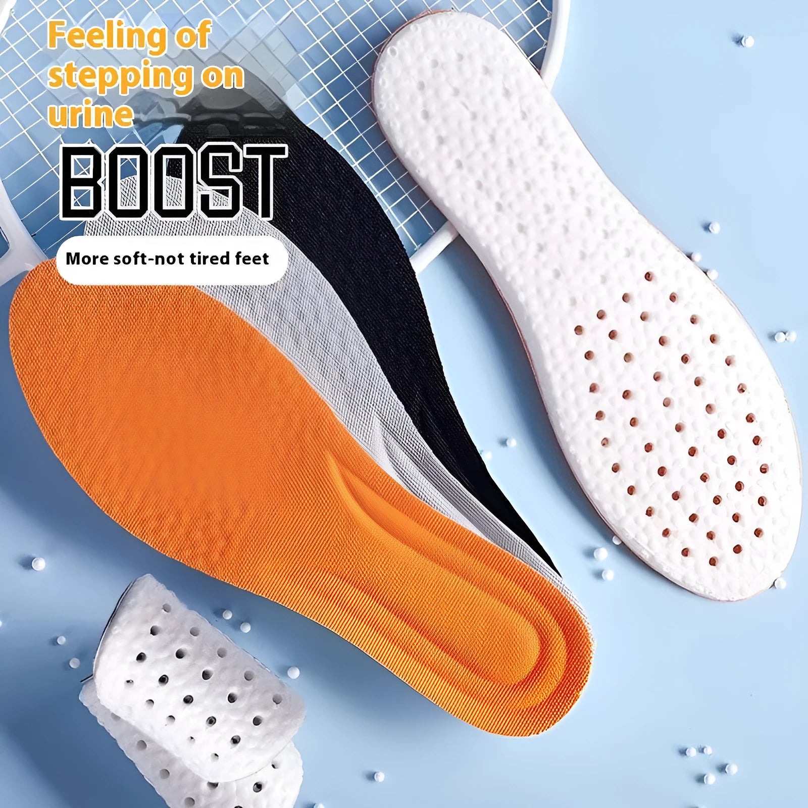 A pair of breathable, soft grey PU sports shoe insoles on a white background, showing their textured surface.
