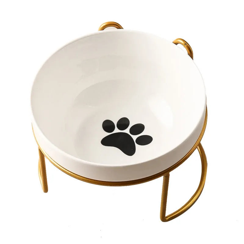 Ceramic pet bowl with iron frame featuring cat footprints pattern
