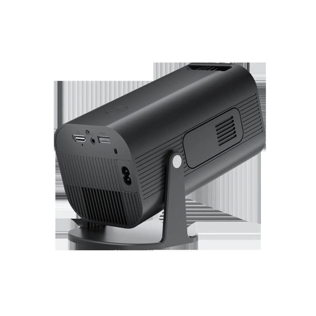P330 black and white mini projector with remote control on table