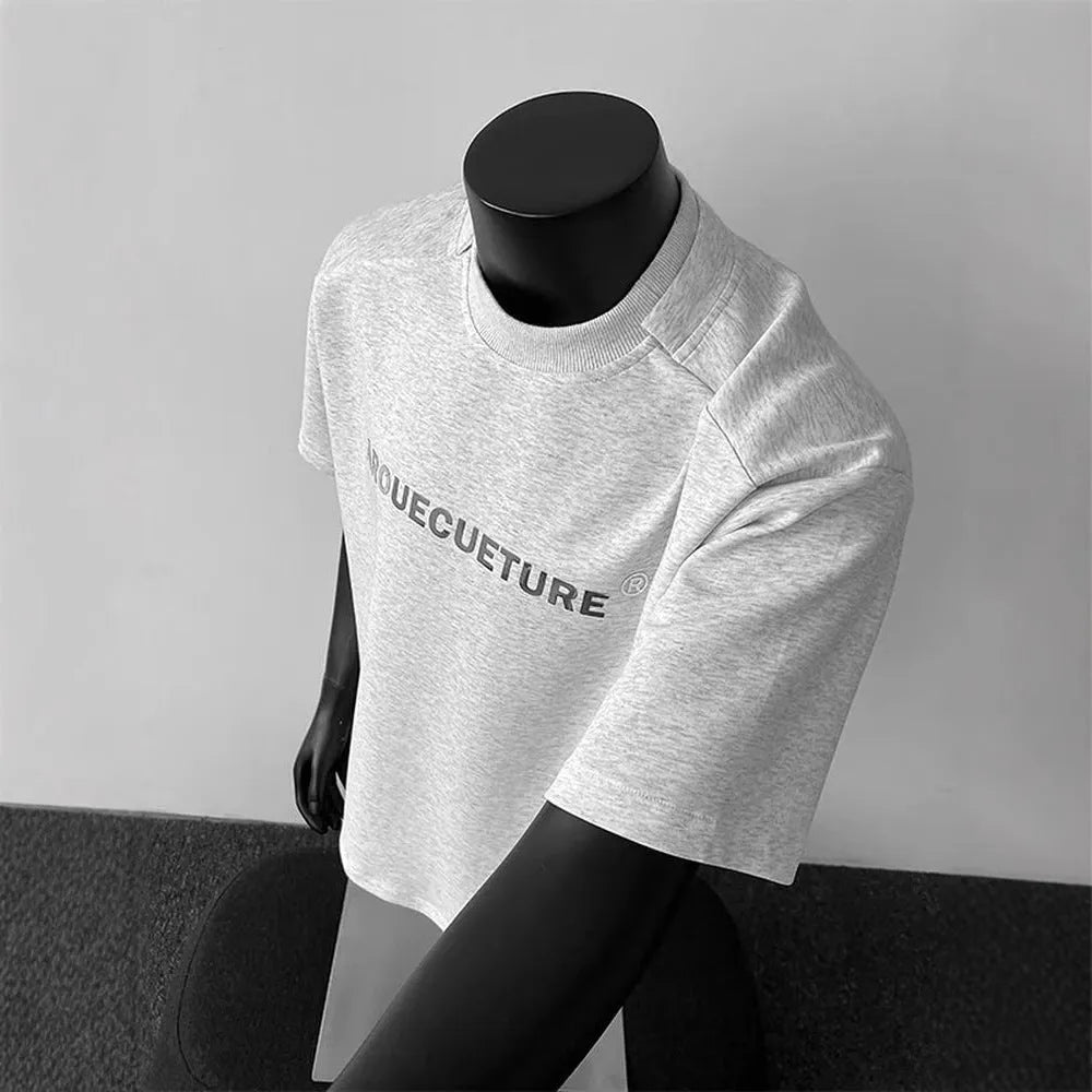 Men's white cotton t-shirt with black printed letters design, loose fit short sleeve pullover style