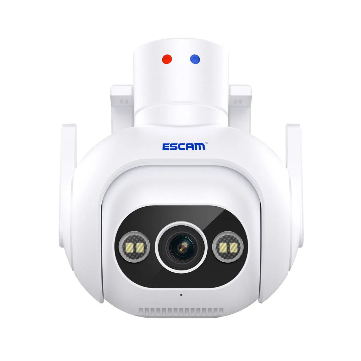 White plastic IP security camera with lens and wall mount bracket on a table.