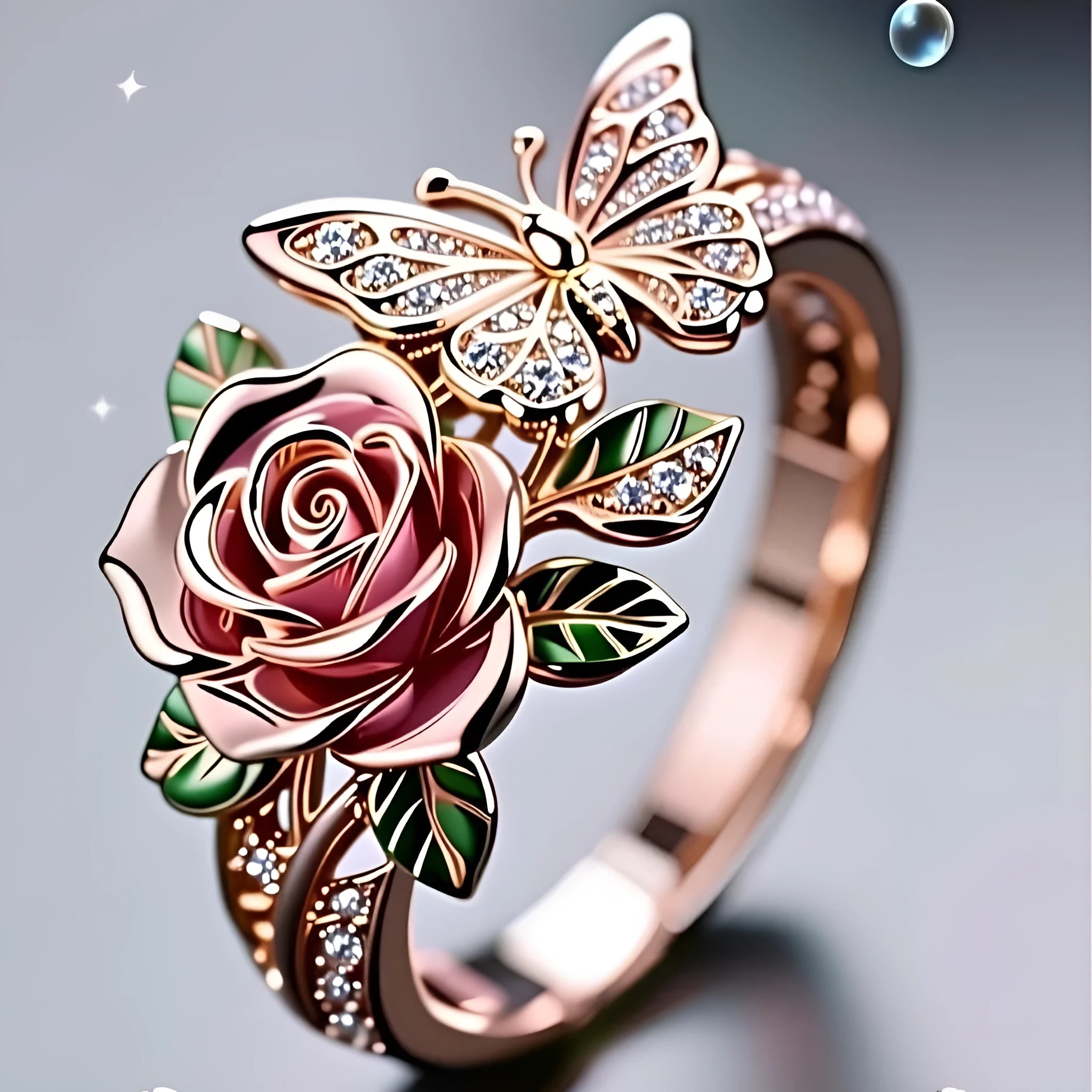 Adjustable alloy butterfly ring with oil-drip colour finish showing floral and insect details