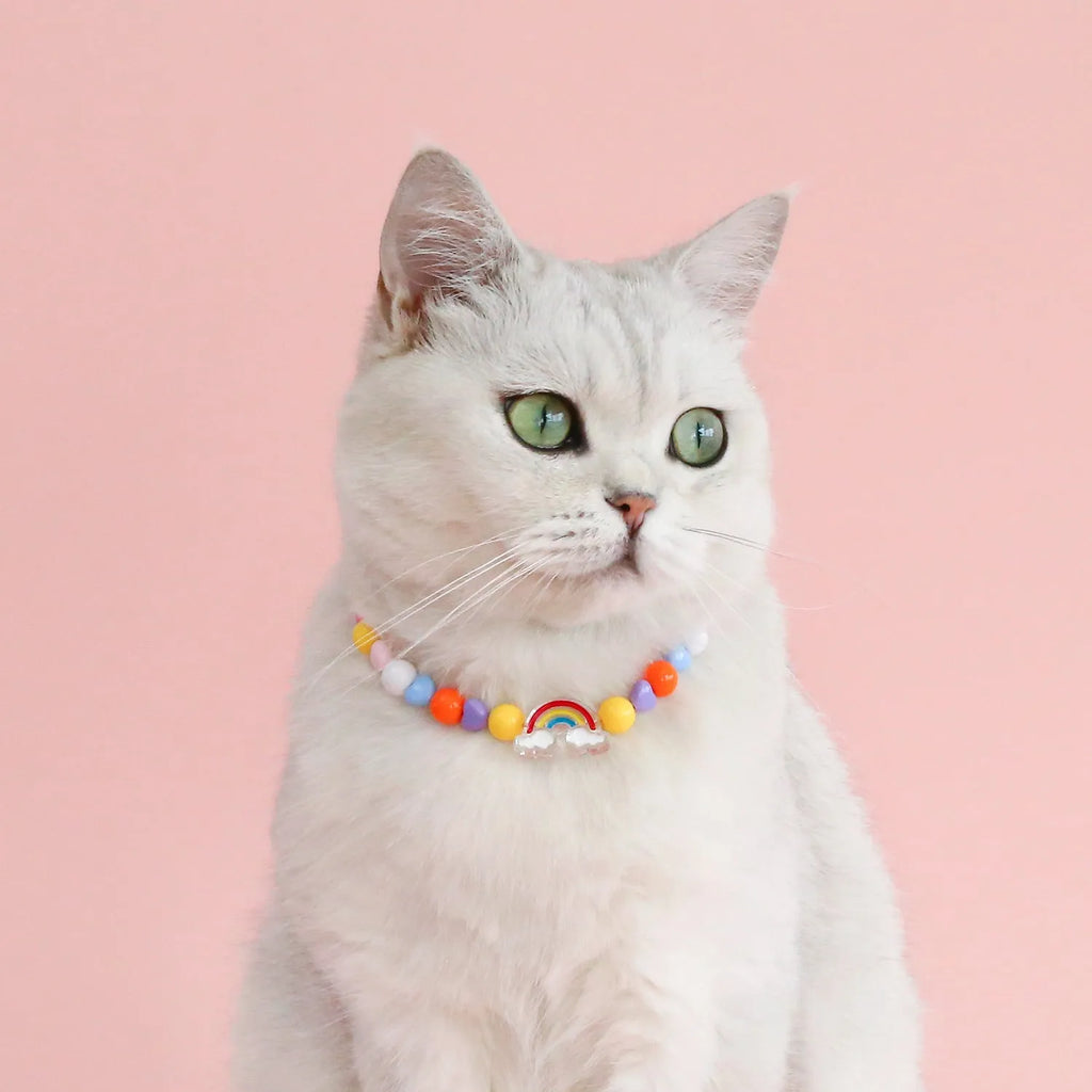 Colourful plastic bead cat necklace with adjustable sizing in peach, rainbow, and small flower patterns