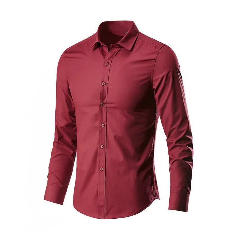 Men's slim-fit long-sleeve linen shirt on a hanger, shown in a light grey colour.