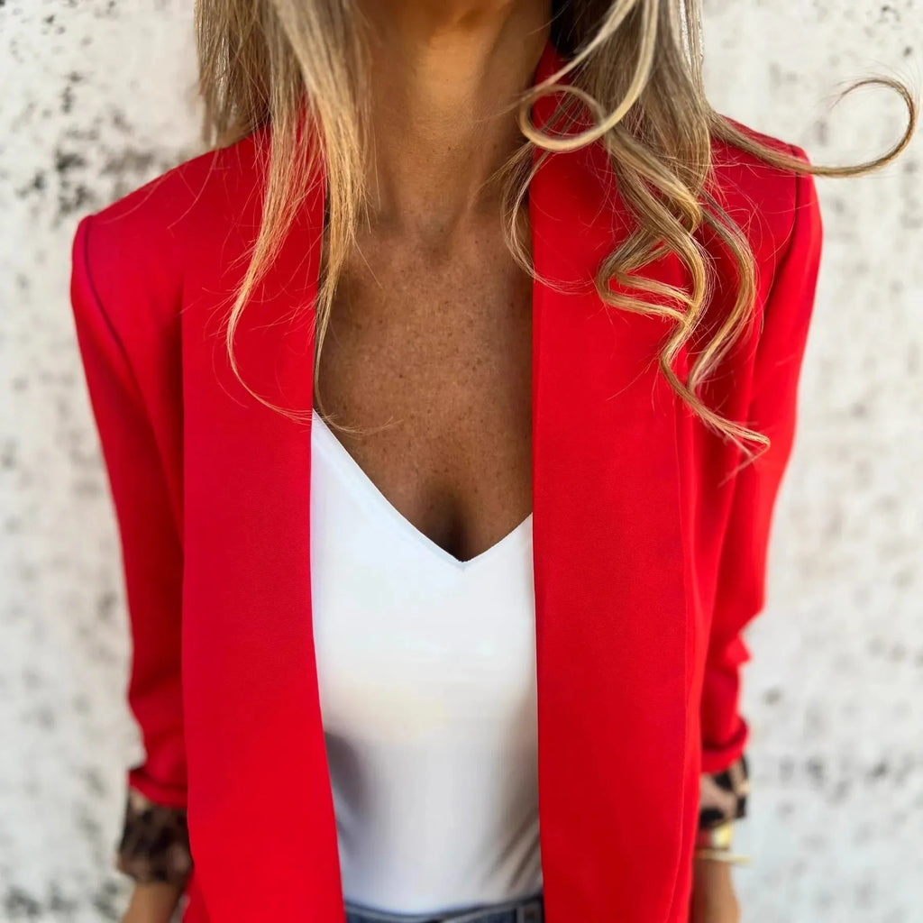 Women's slim fit blazer with black and red cheetah animal print pattern and lapel collar