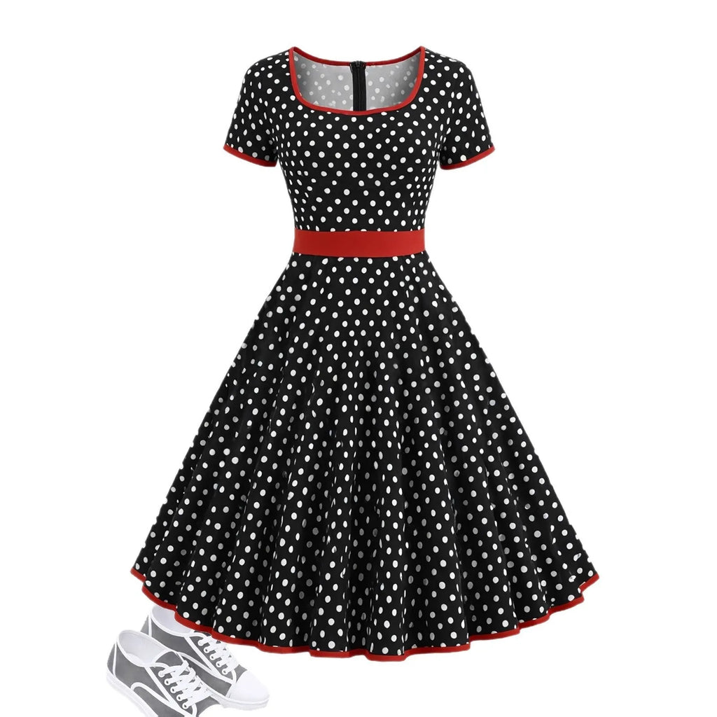 Women's multicolour polka dot dress with square collar, short sleeves, front zipper, and pleated A-line skirt.