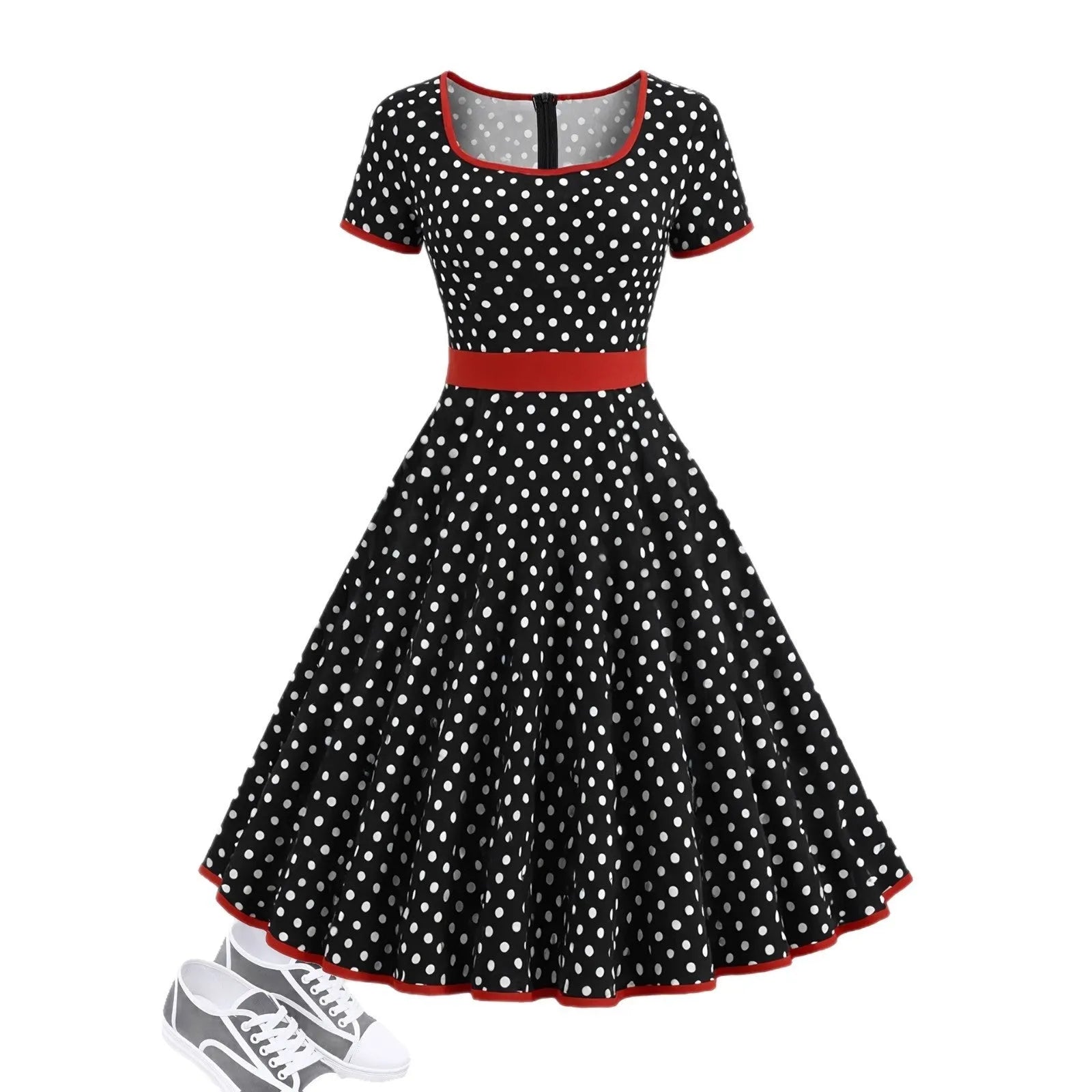Women's multicolour polka dot dress with square collar, short sleeves, front zipper, and pleated A-line skirt.