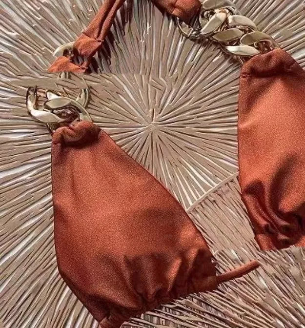 Brown tube top push up bikini set with split bottom design for women swimming