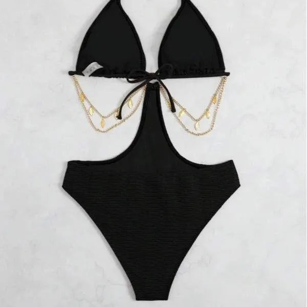 Women's sleeveless polyester bikini with chain detail available in black, dark brown and emerald green