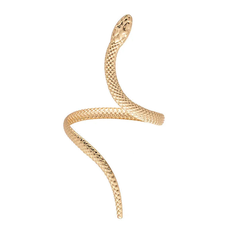 Gold twisted snake design metal bracelet and ring set on a white background.