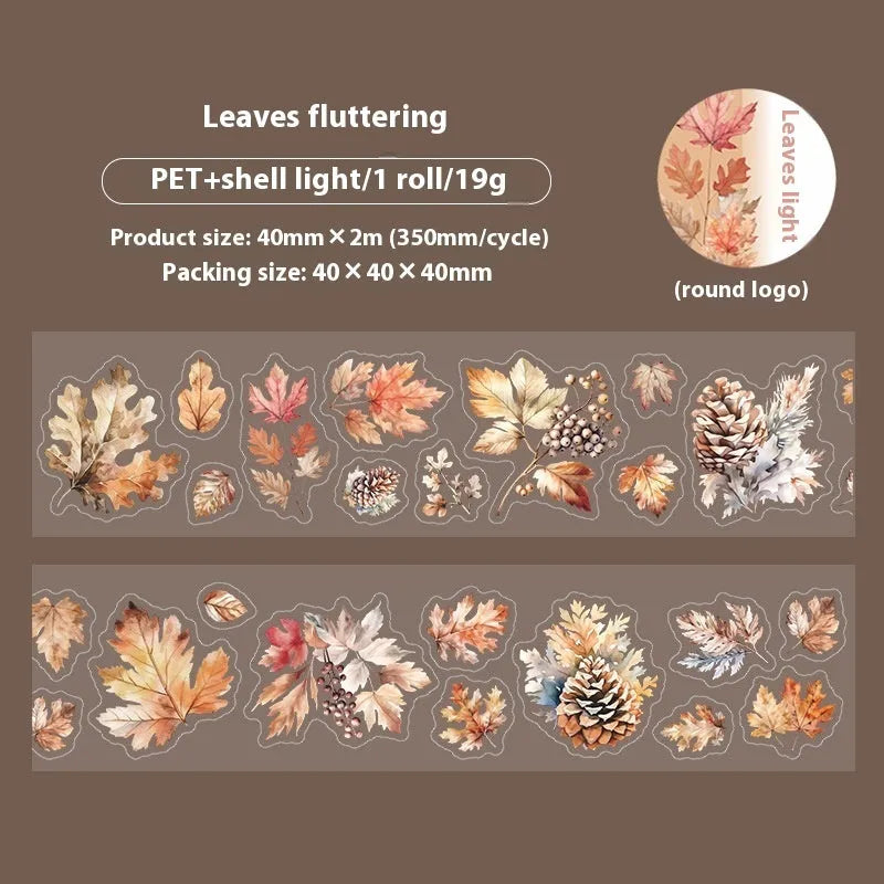 Deciduous Poetry Series decorative sticker roll showing six leaf patterns including ginkgo and maple designs