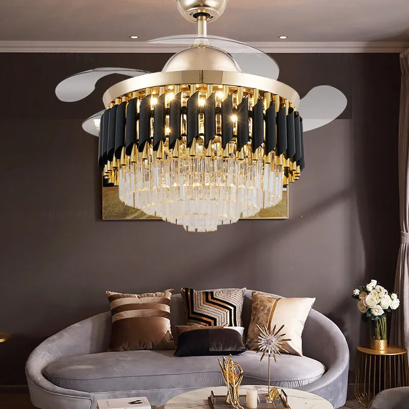 Crystal ceiling fan light with LED lighting and remote control in silver finish