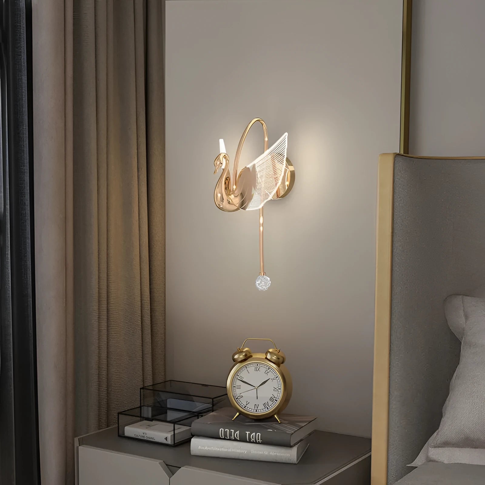 Gold modern minimalist swan LED wall lamp with acrylic shade offering tricolor dimming