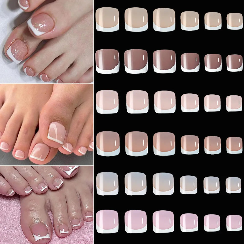 Box of 120 French white edge nude full square short artificial nail pieces showing nine colour shades