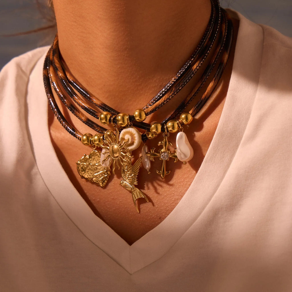 Geometric leopard design stainless steel necklace with 18K gold electroplated finish on adjustable 41-50cm chain