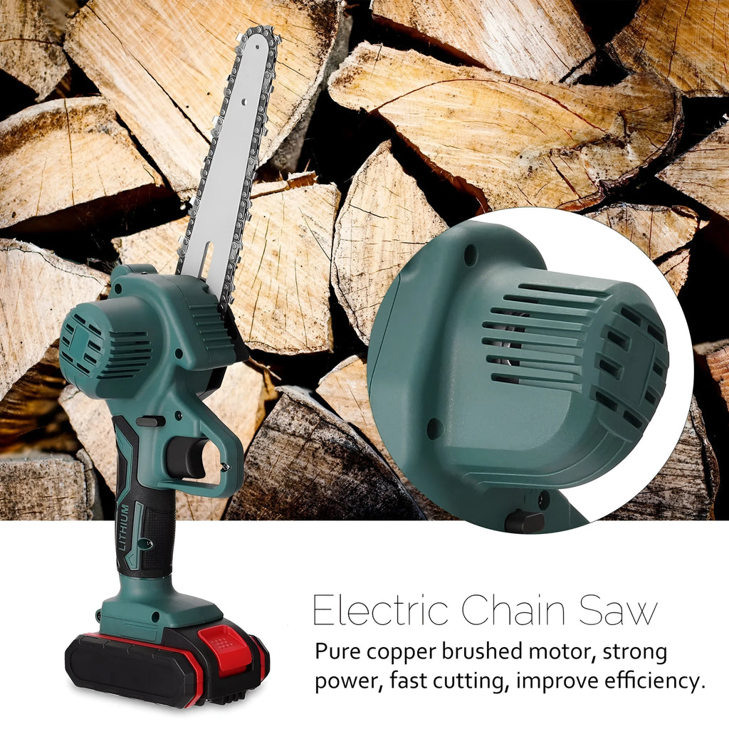 Black mini electric chainsaw with 4-inch guide bar, showing lightweight one-handed design for portable logging