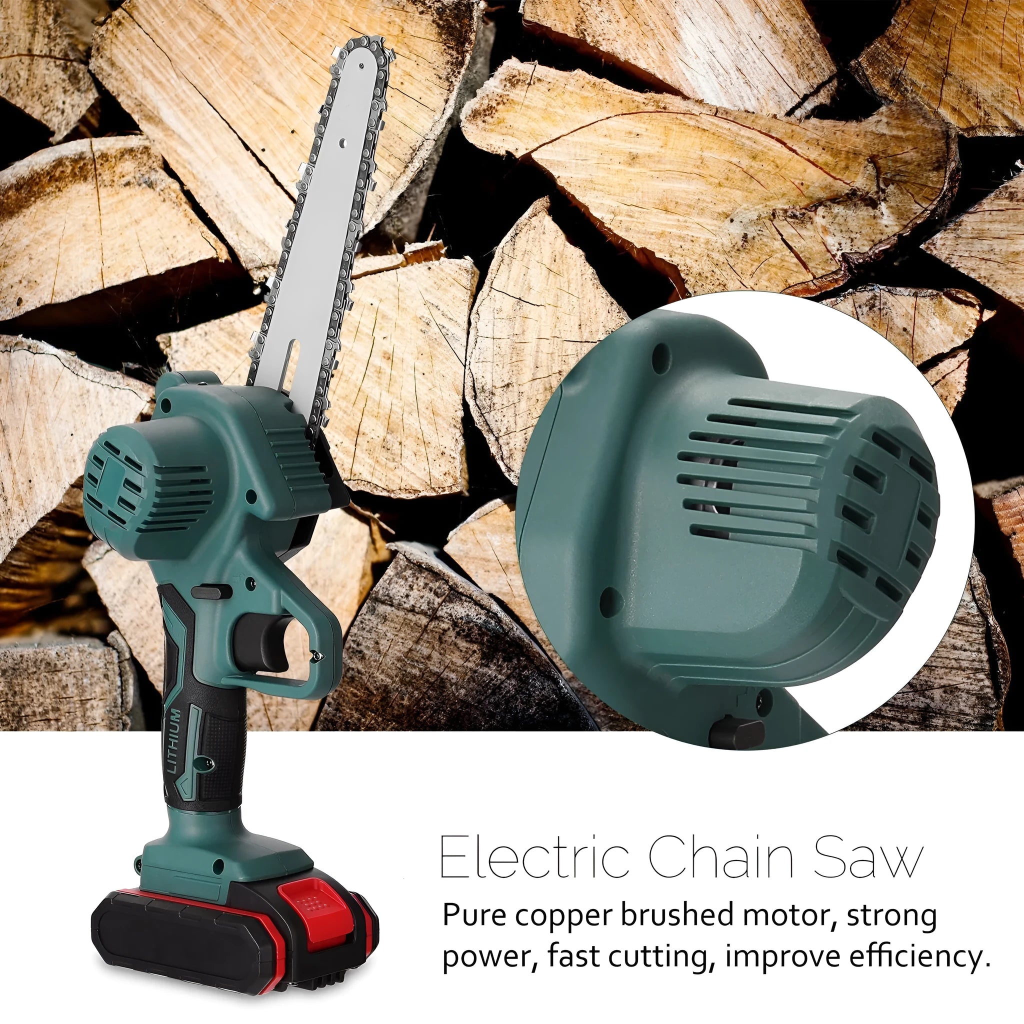 Black mini electric chainsaw with 4-inch guide bar, showing lightweight one-handed design for portable logging