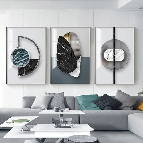 Abstract geometric design printed on a textured canvas wall art poster.
