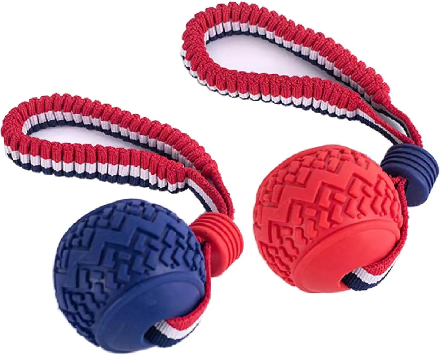 Red rubber dog ball with rope attachment for tug of war and teeth cleaning
