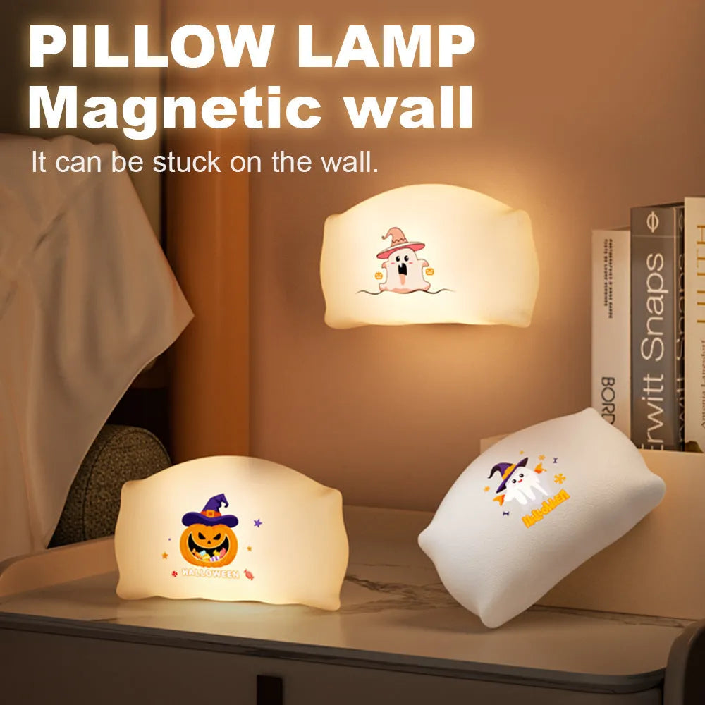 Small cartoon Halloween table lamp in Magic Ghost or Pumpkin Ghost colour on a bedside table.