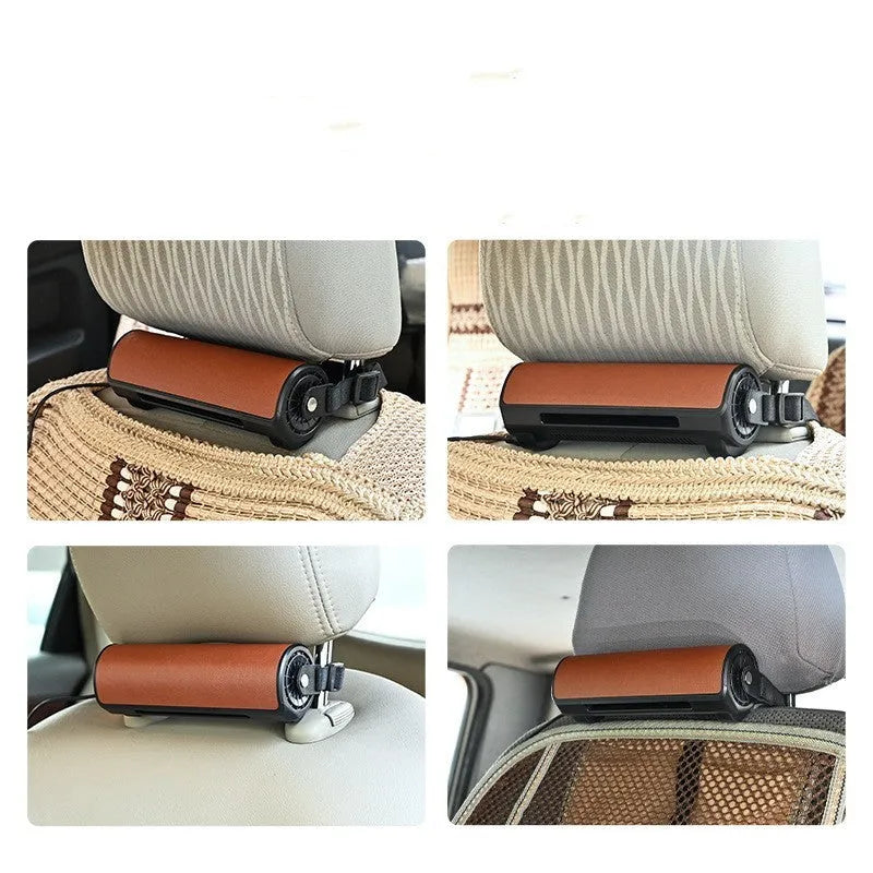 Black bladeless car fan with USB power cord showing compact rectangular design