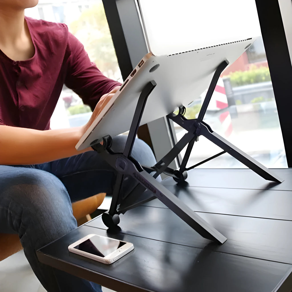 Sagacious black portable folding laptop stand on table with carrying case