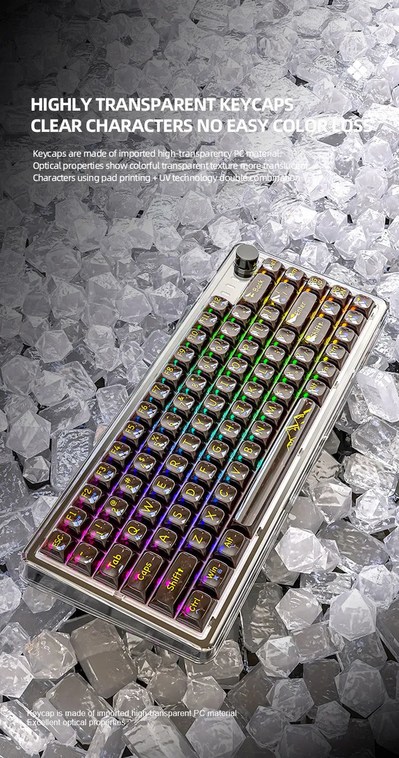 Attack Shark K75RGB white transparent wireless mechanical keyboard with RGB lighting on a desk.