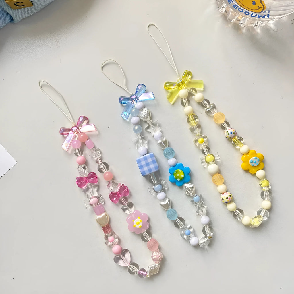 Flower bead mobile phone lanyard with hand rope in yellow, blue, and pink colour options