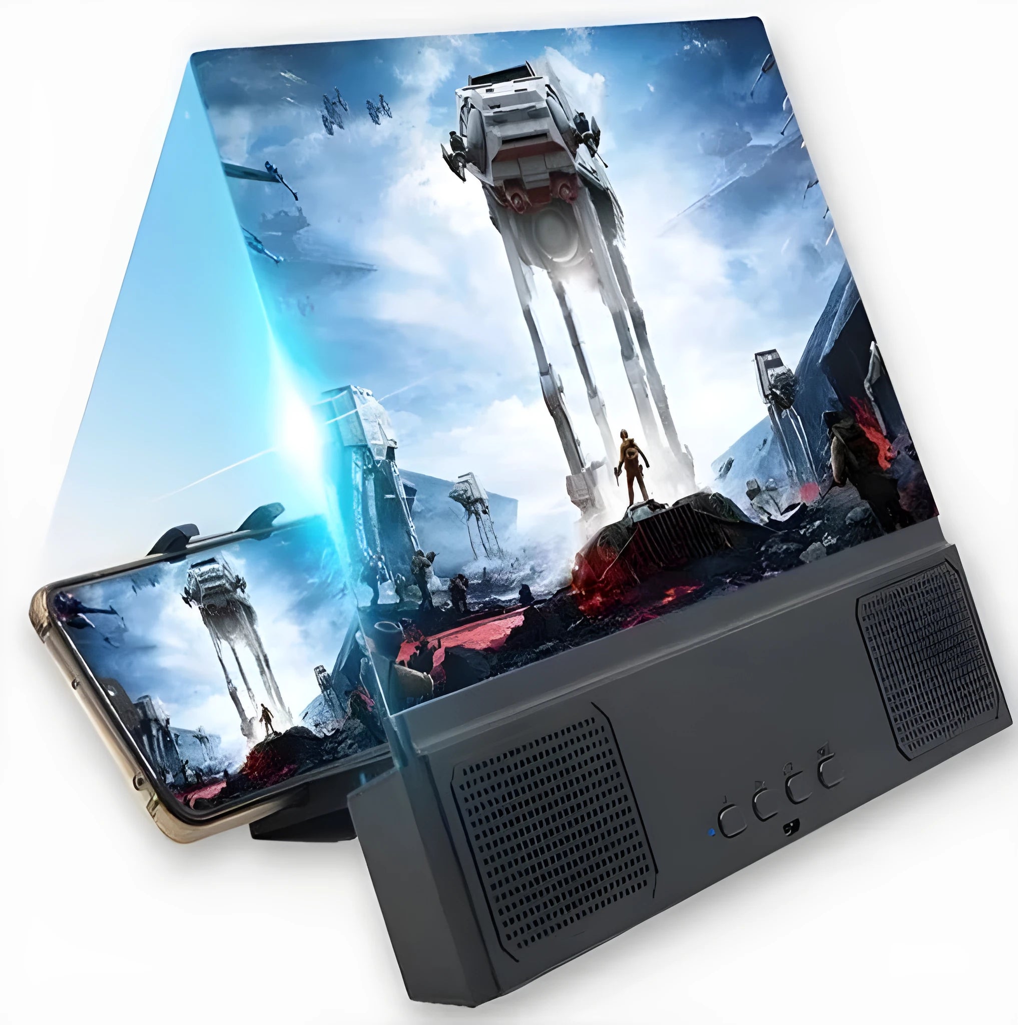 12-inch mobile phone screen amplifier with Bluetooth audio and ABS housing shown with smartphone