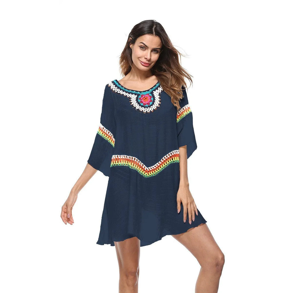 Woman's ethnic crochet beach cover-up top in apricot colour, free size, for sun protection.