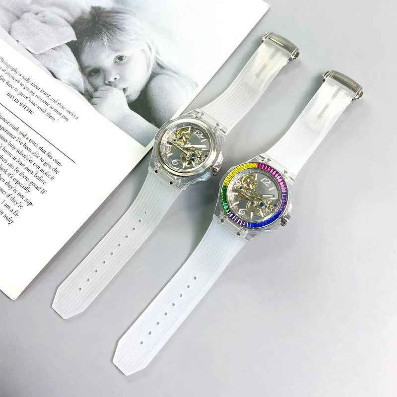 Full-automatic mechanical watch with hollow large dial, transparent surface, 14mm thickness, stainless steel back, white ribbon.
