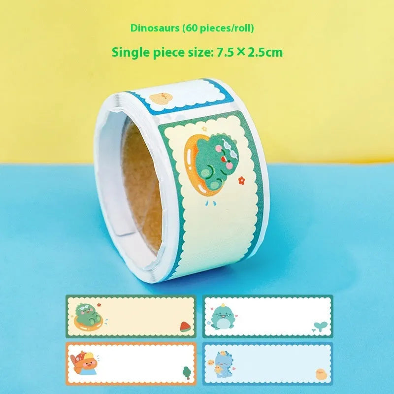 Roll of colourful cartoon message index stickers showing dinosaur, astronaut, rabbit, and girl designs.