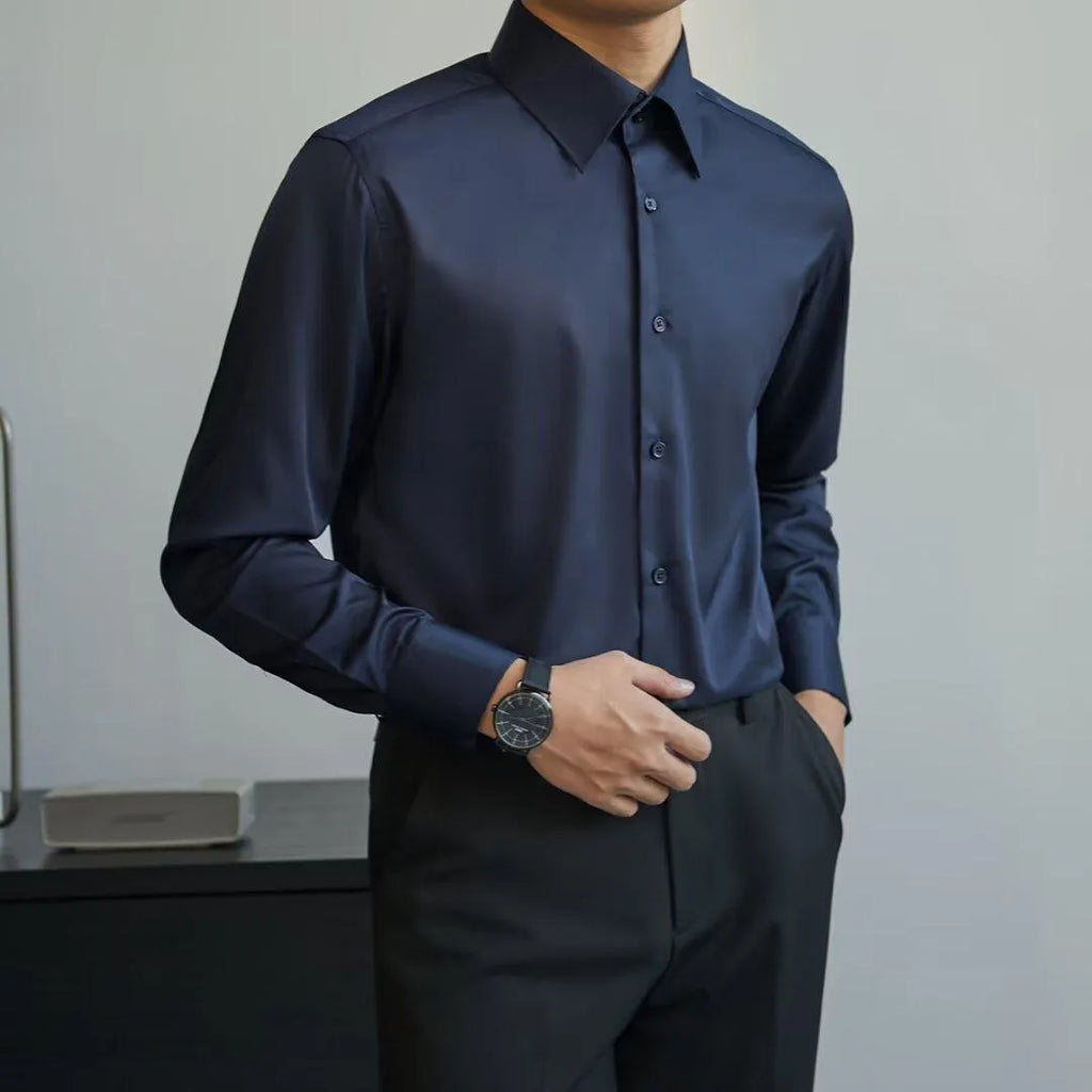 Man wearing a black slim-fit Japanese retro style long sleeve cardigan shirt.