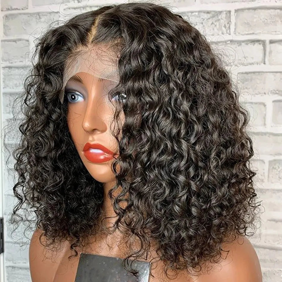 Black fluffy small curly front lace wig with long bangs, T-shaped lace, 8-16 inch lengths