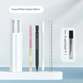 Plastic six pen pencil case kit with pressing pen in Sky Blue, Vigorous White, and Girl Pink colour options.