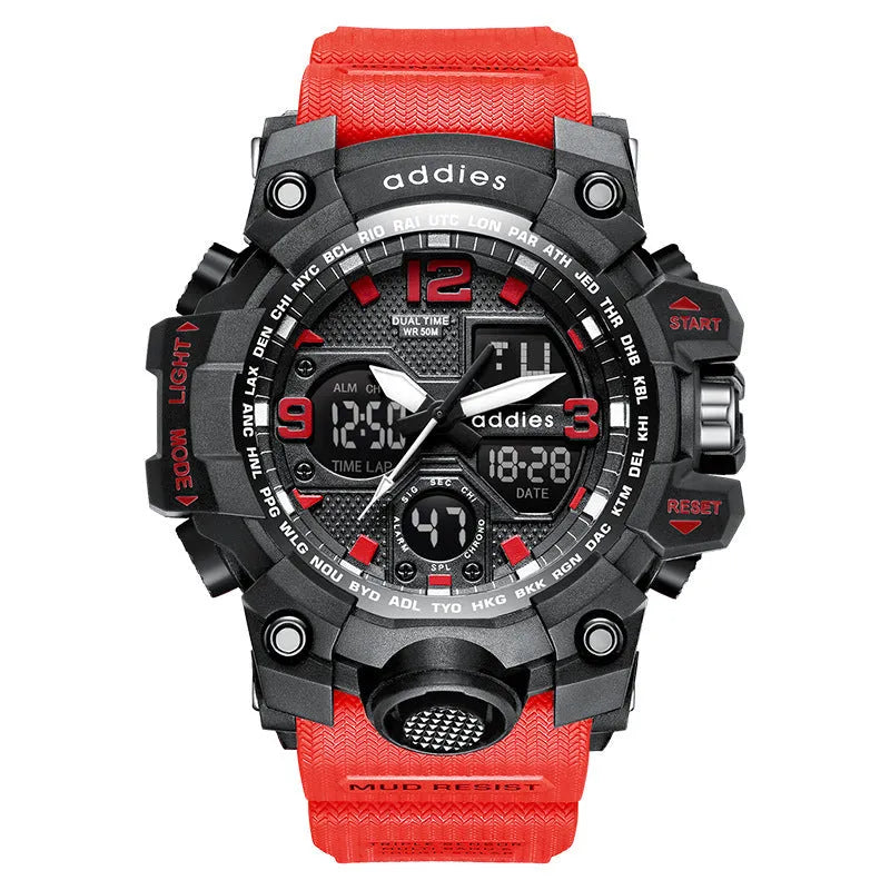 Men's black electronic sports watch showing analog hands and digital display on a plastic strap
