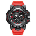 Men's black electronic sports watch showing analog hands and digital display on a plastic strap