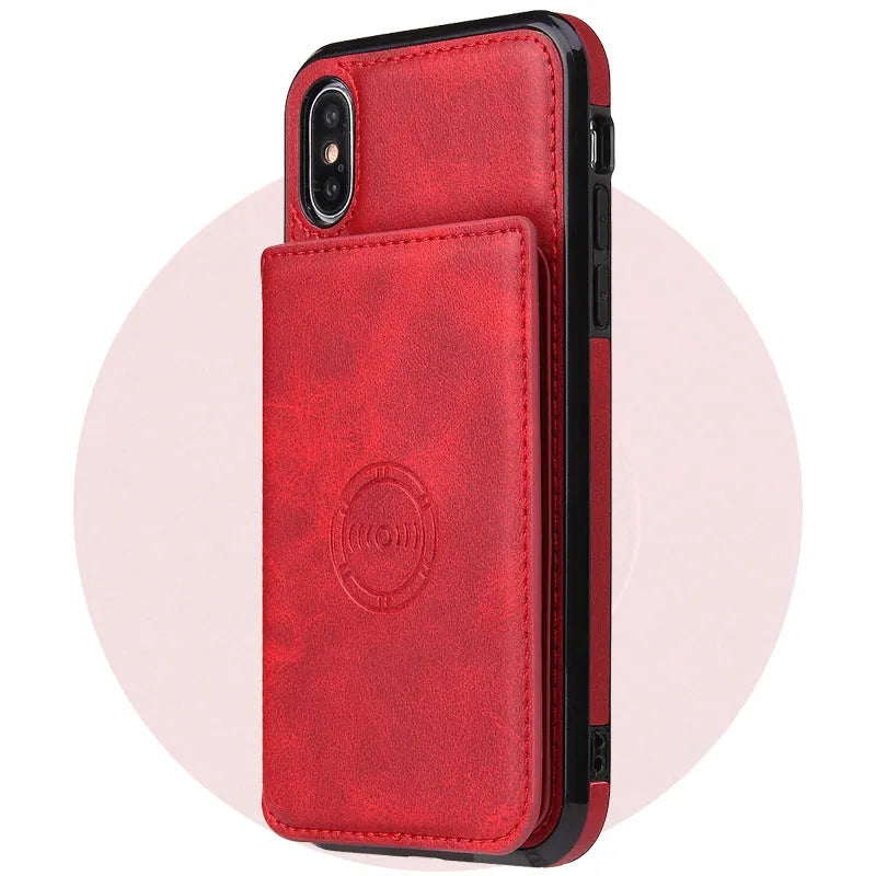 Imitation leather card wallet phone back cover for iPhone in black, blue, brown, orange, pink, and red.
