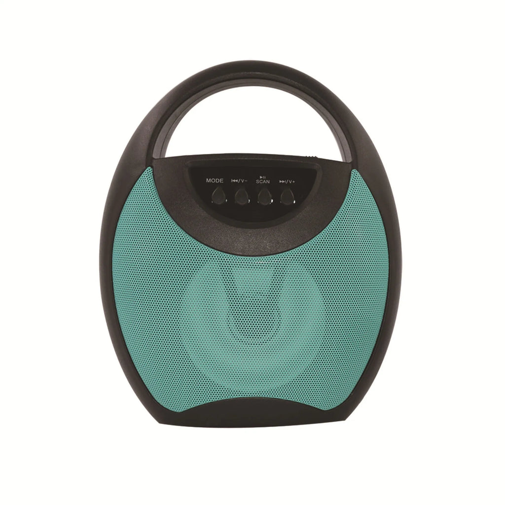 Portable Bluetooth speaker in black, blue, or pink with USB port and playback controls