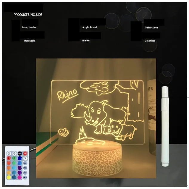 3D handwritten acrylic message board night light with black base and remote control displaying glowing text