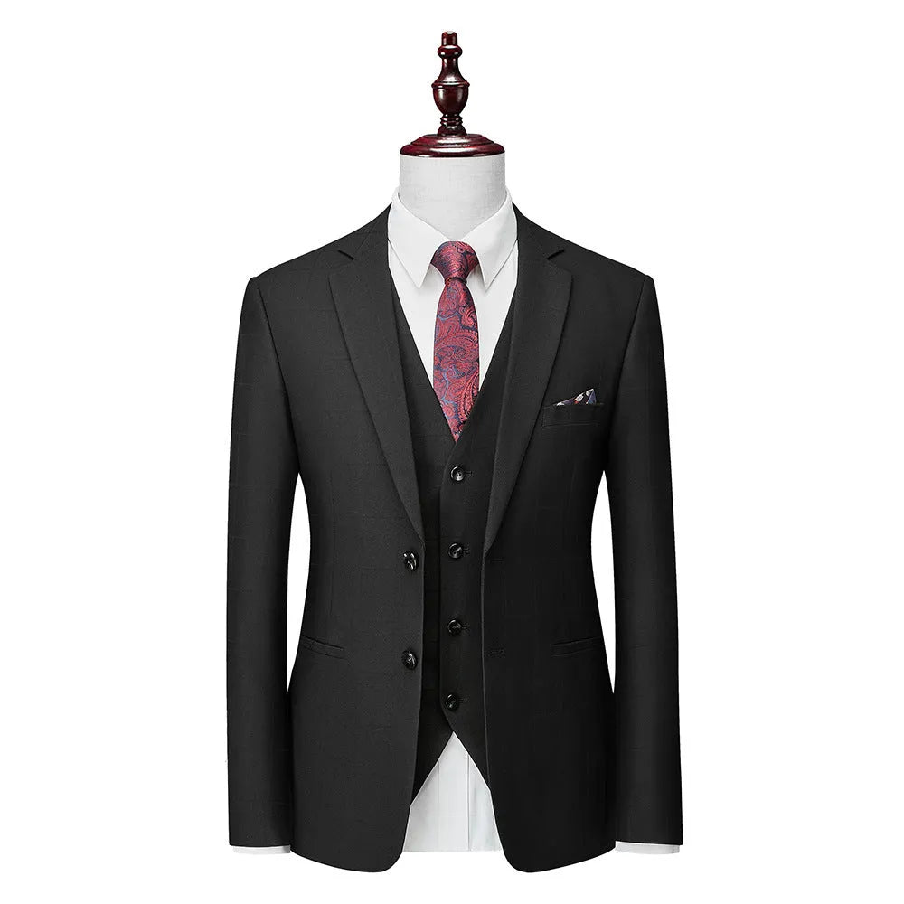 Men's three-piece plaid suit in navy blue or black featuring slim fit jacket vest and trousers for business casual wear