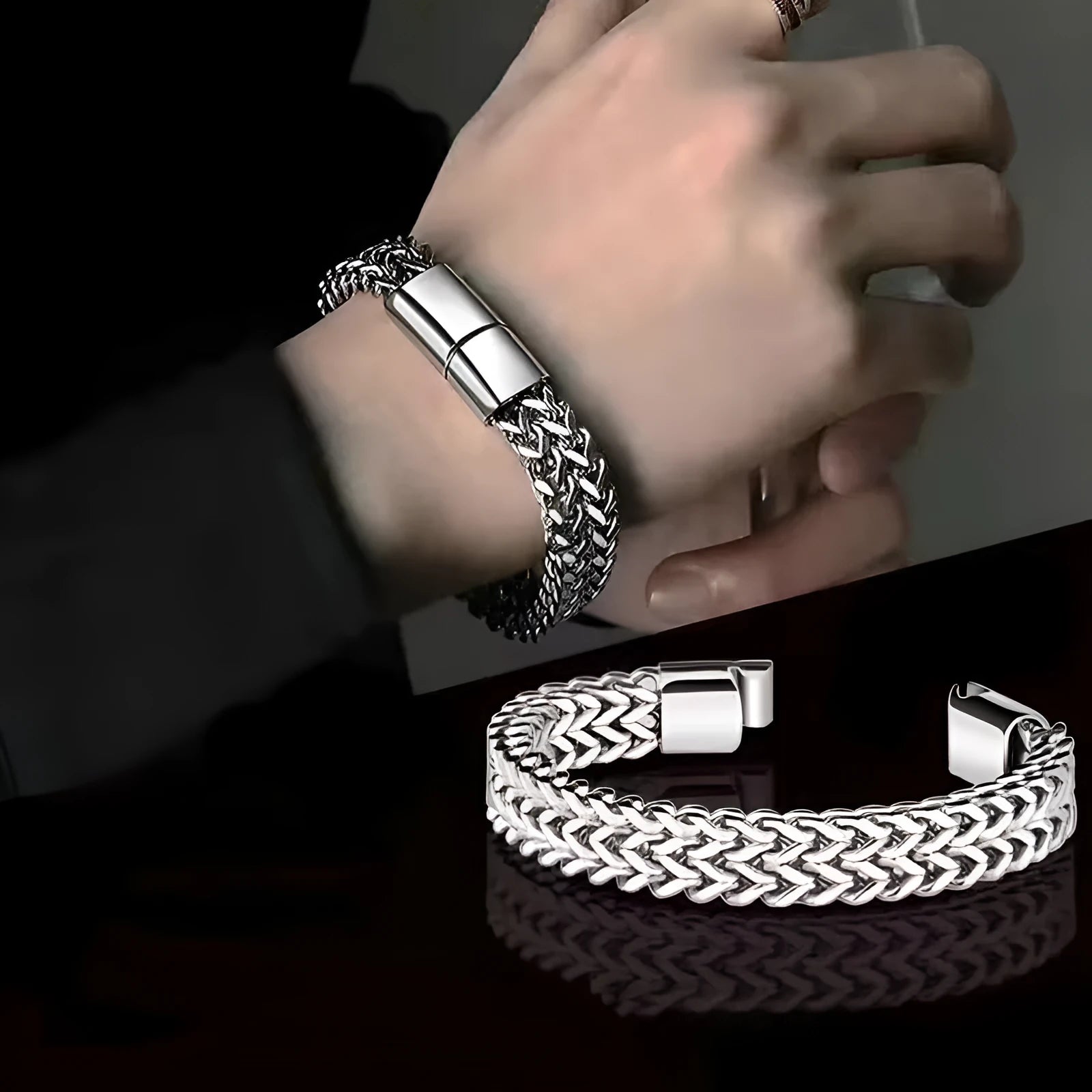 Geometric stainless steel hip hop bracelet showing front and back design with titanium steel construction