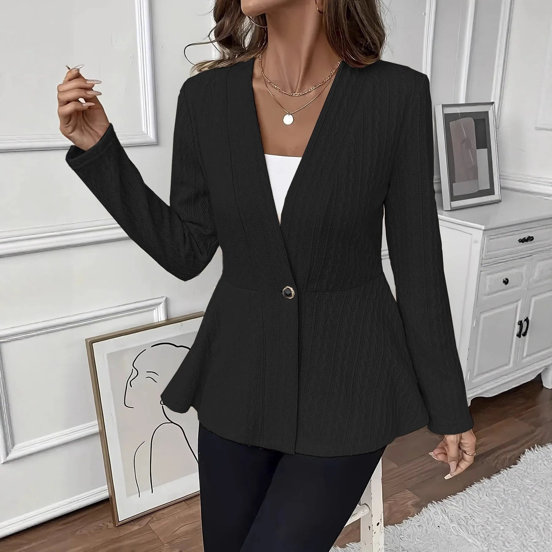 Women's solid color one button knitted cardigan in apricot or black with tight fit and long sleeves